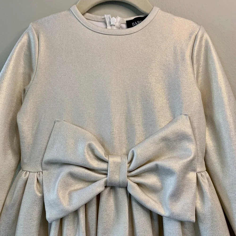 BARDOT JUNIOR Shimmer Party Dress Girls 6 NEW Big Bow Wool Blend Gold Cream NWT - Picture 3 of 9